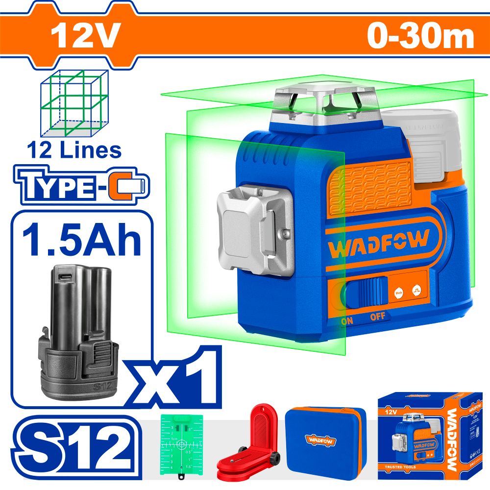 Laser 3d Green Level Line 0-30m 12v+batt