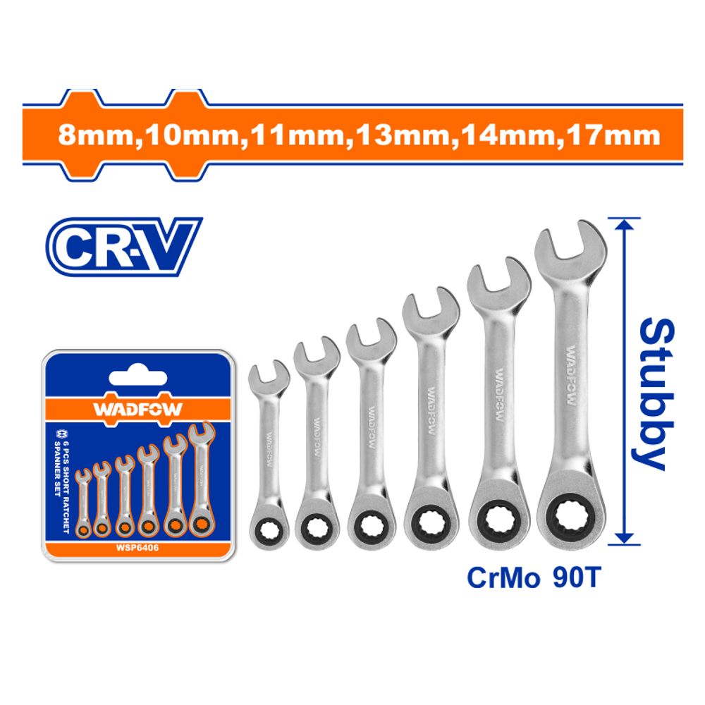 Spanner Ratchet Stubby Set Cr Mo 90t 8-17mm 6pcss