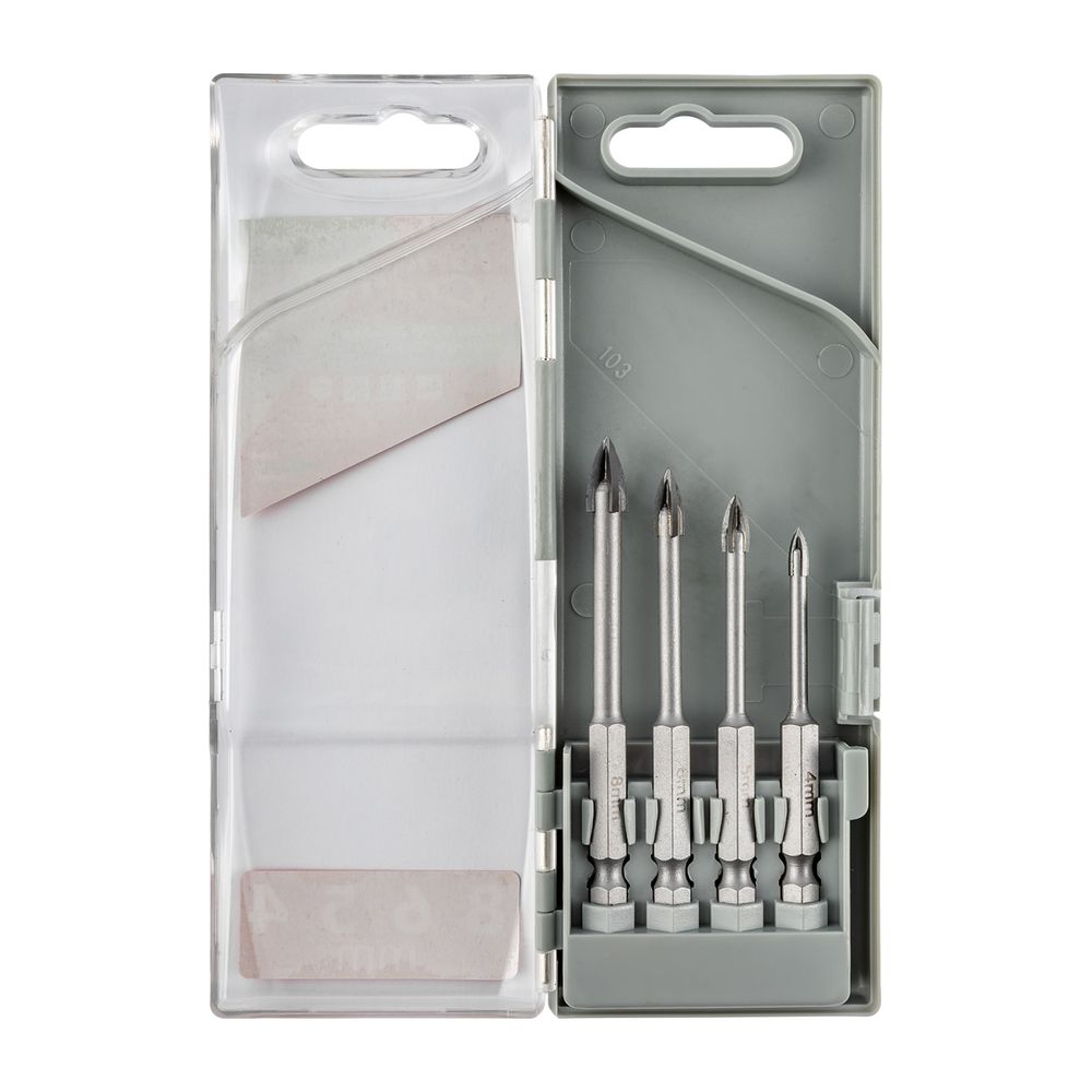 Glass & Tile Drill 4 Flute Set 4pc 4/5/6/8mm In Plastic Case
