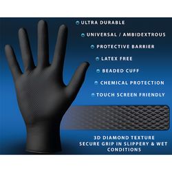 FIXON Nitrile Diamond Glove Textured 6mil 240mm Black S (50pcs/25 Pairs)