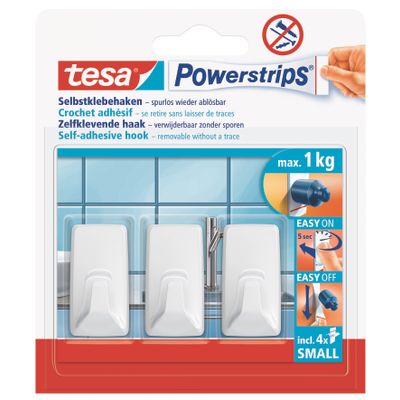 TESA Powerstrips Hooks Small Rectangular 3 Hooks/ 4 Strips White (IP 6)