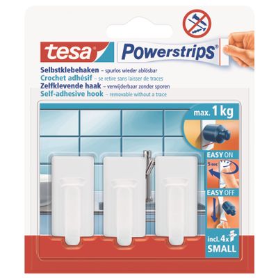 TESA Powerstrips Hooks Small Rectangular Classic 3 Hooks/ 4 Strips White (IP 6)