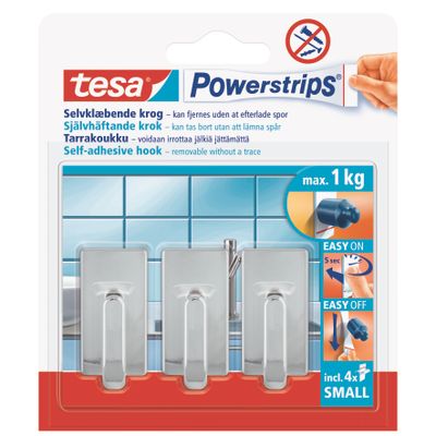 TESA Powerstrips Hooks Small Rectangular Classic 3 Hooks/ 4 Strips Chrome (IP 6)