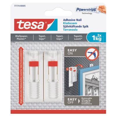 TESA Adhesive Nail adjustable 1kg - Sensitive Surface 2 Hooks/ 3 Strips (IP 8)