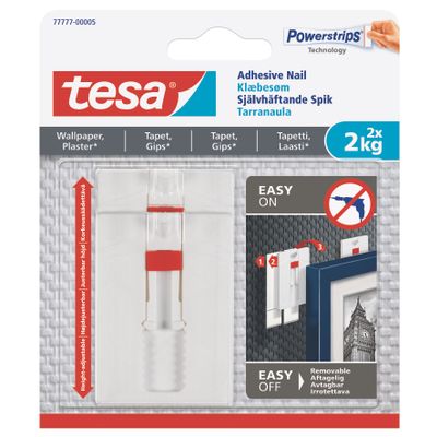 TESA Adhesive Nail adjustable 2kg - Sensitive Surface 2 Hooks/ 6 Strips (IP 8)