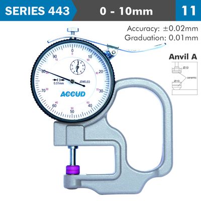 Thickness Gauge 10mm 0.02mm Acc. Ceramic Anvil 0.01mm Grad.
