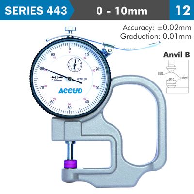 Thickness Gauge 10mm 0.02mm Acc. Steel Anvil 0.01mm Grad.