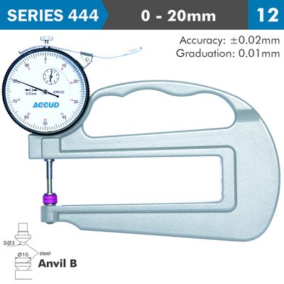 Thickness Gauge 20mm 0.03mm Acc. Large Depth Steel Anvil 0.01mm Grad.