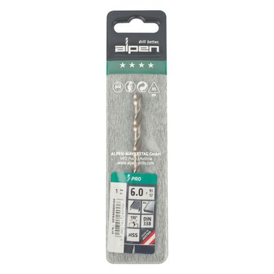 ALPEN Pro Hss 6mm Drill Din 338 Rn 135 Split Point Plastic Wallet (1