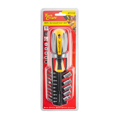 15pc Screwdriver Set With Bits Sockets & Belt Clip