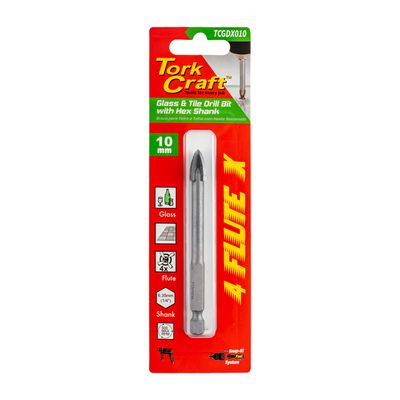 Glass & Tile Drill 10mm 4 Flute With Hex Shank