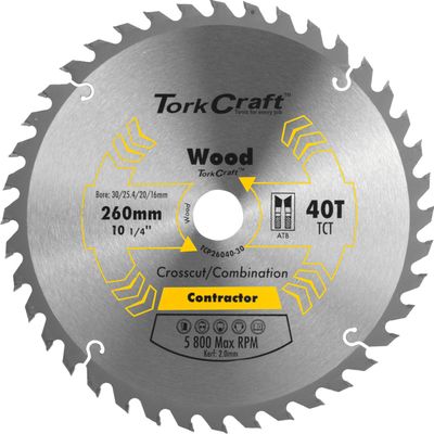 Blade Contractor 260 X 40t 30/1/20/16 Circular Saw Tct