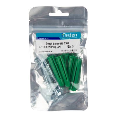 IFASTEN Coach Screw M8x60mm & Wall Plug Green 5 Pp