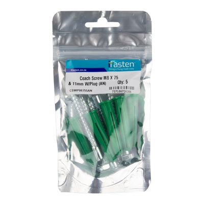 IFASTEN COACH SCREW M8X75MM & WALL PLUG GREEN 5 PP