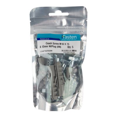 IFASTEN Coach Screw M10x75mm & Wall Plug Grey 5 Pp