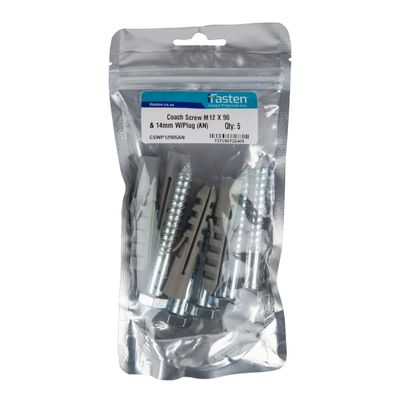 IFASTEN Coach Screw M12x90mm & Wall Plug Grey 5 Pp