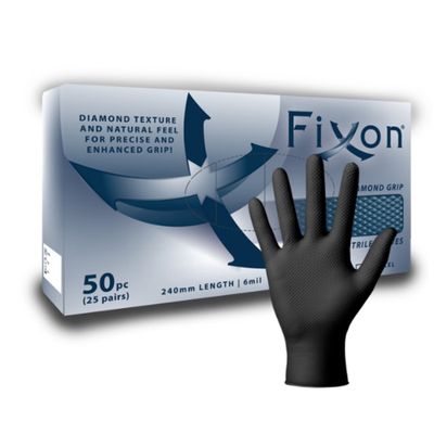 FIXON Nitrile Diamond Glove Textured 6mil 240mm Black L (50pcs/25 Pairs)