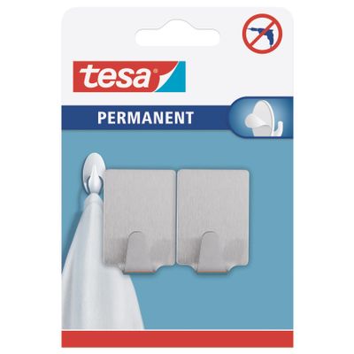 TESA Permanent Hooks Rectangular L Metal 2 Hooks Stainless Steel